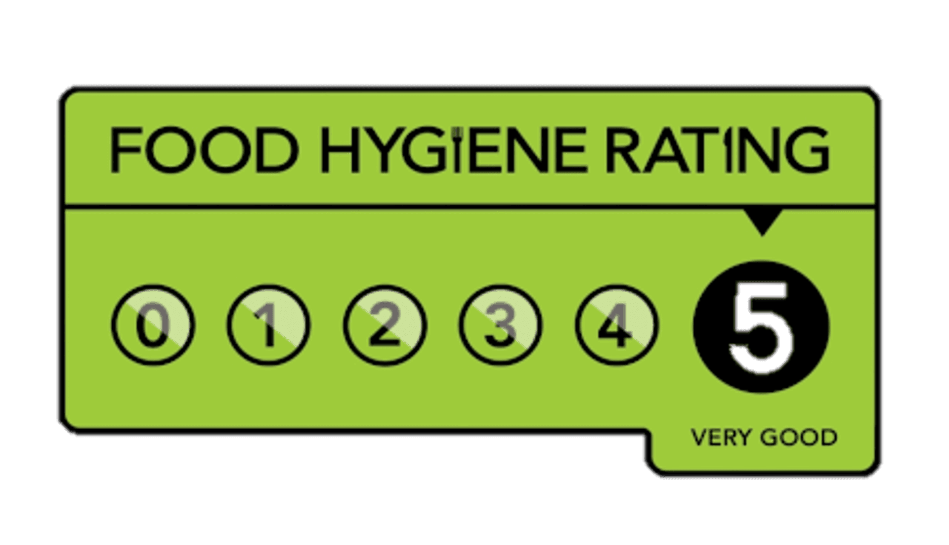 Green Food hygiene rating logo, with 5 'ver good' larger than ranks 1 through 4.