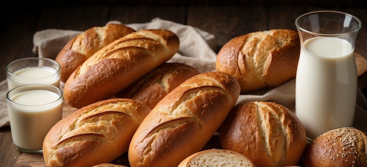 Freshly baked bread rolls displayed on a table with glasses and a jug of milk.