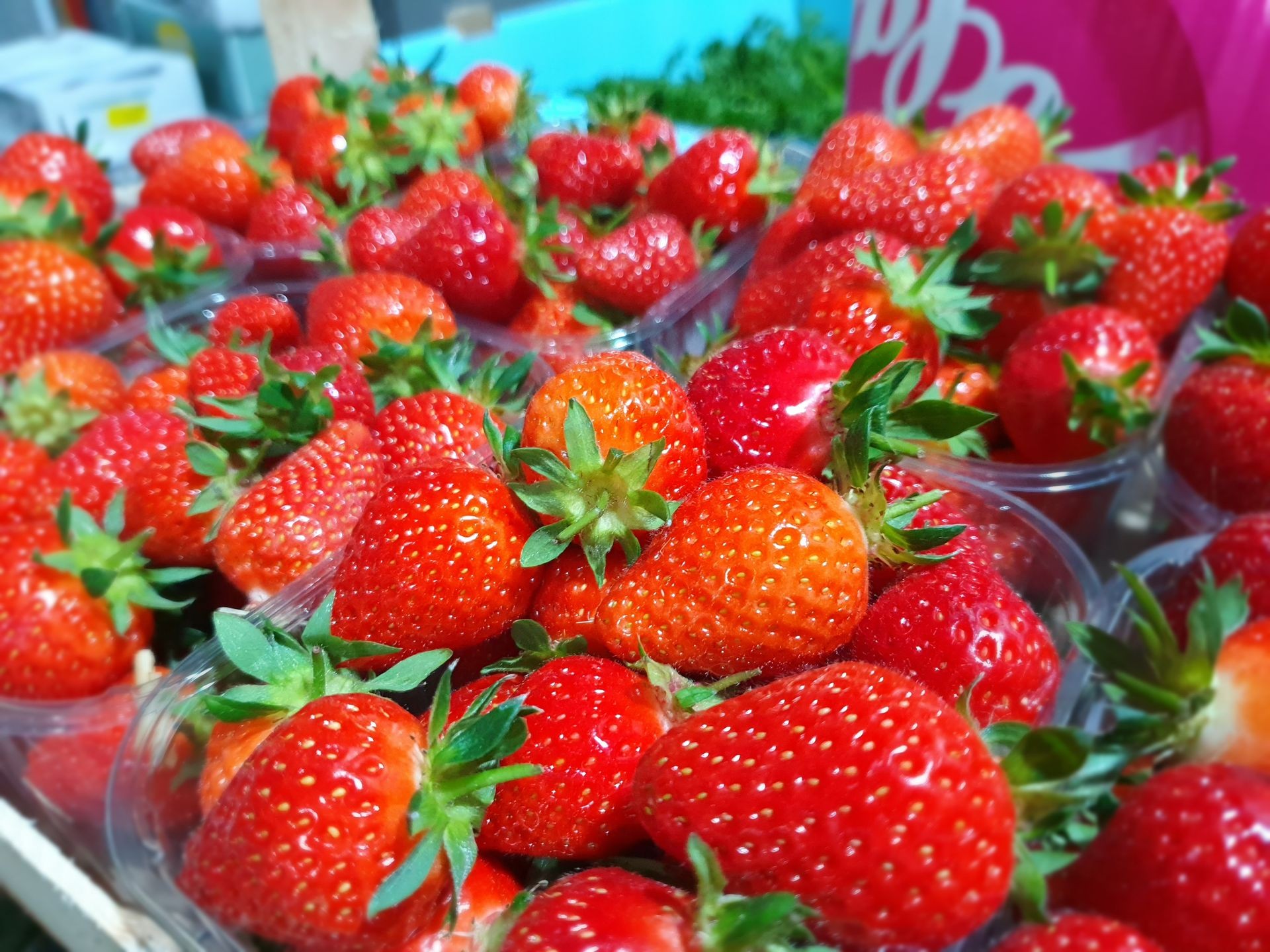 Punnets of bright red strawberries