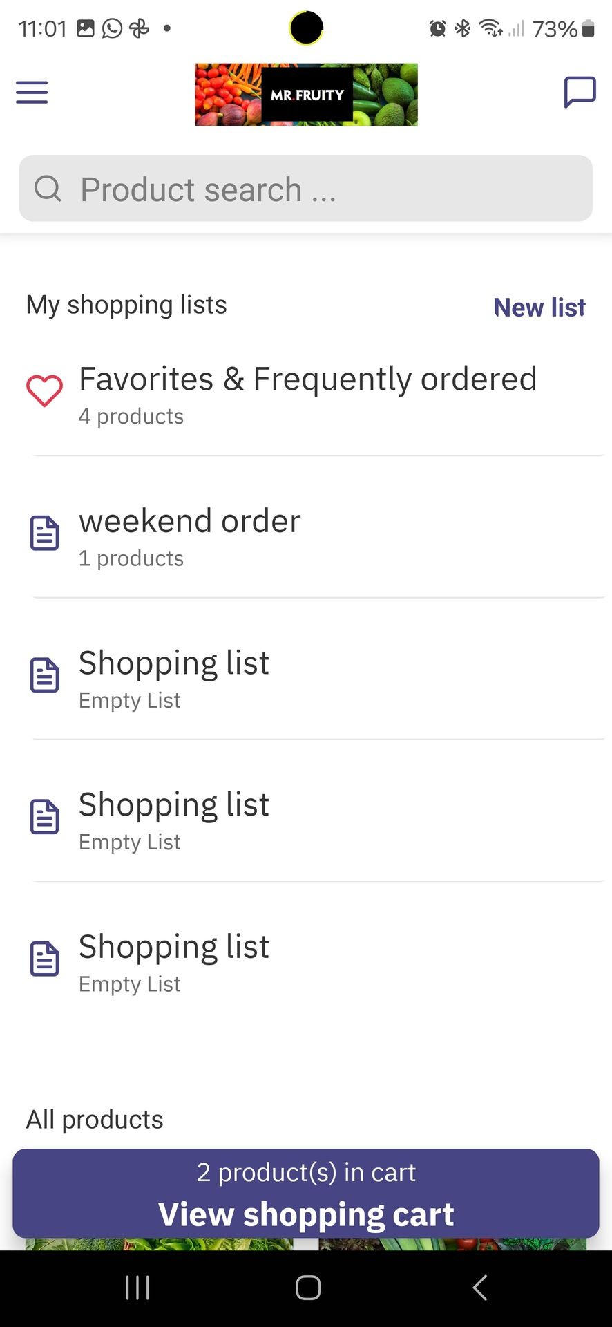 Mobile app screen displaying shopping lists, including Favorites & Frequently ordered and empty Shopping lists.