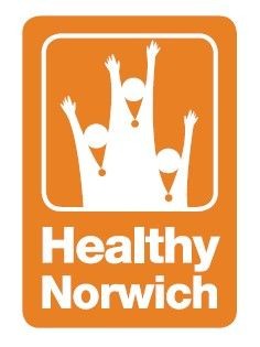 Norfolk council 'Healthy Norwich' logo; 3 figures with their arms in the air on an orange background