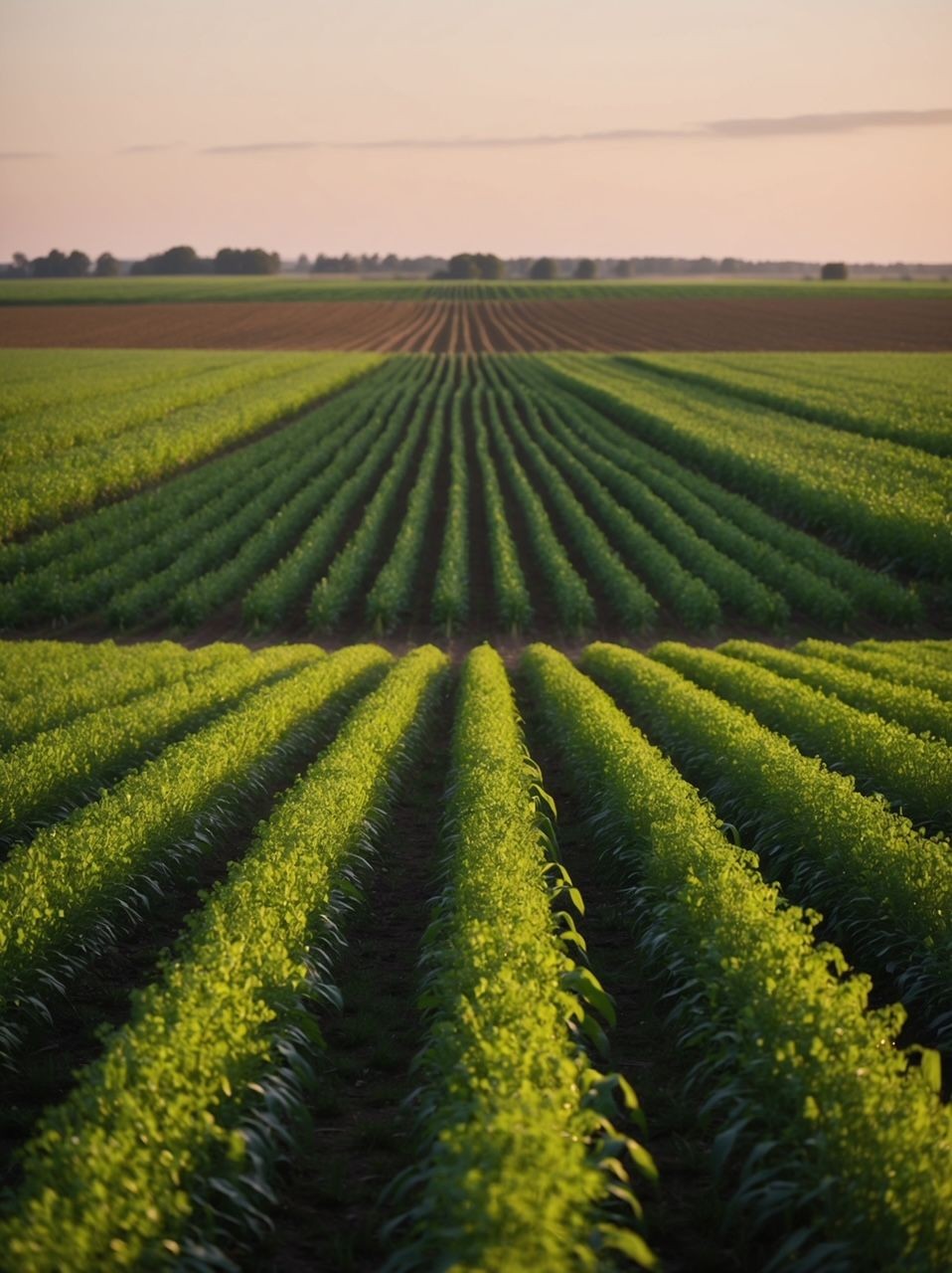 Rows of green crops in a vast field during sunset, creating a pattern leading towards the horizon.
