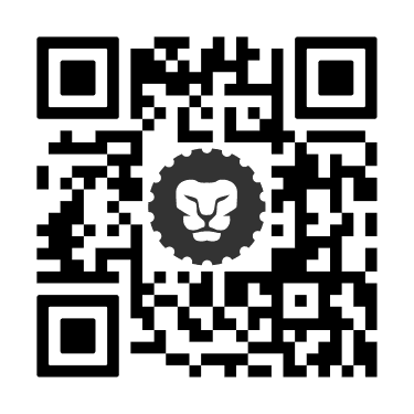 Black and white QR code with a lion's head icon in the center.