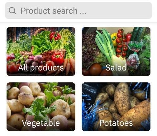 Screenshot of orderlion app products, salad, vegetables, and potato options