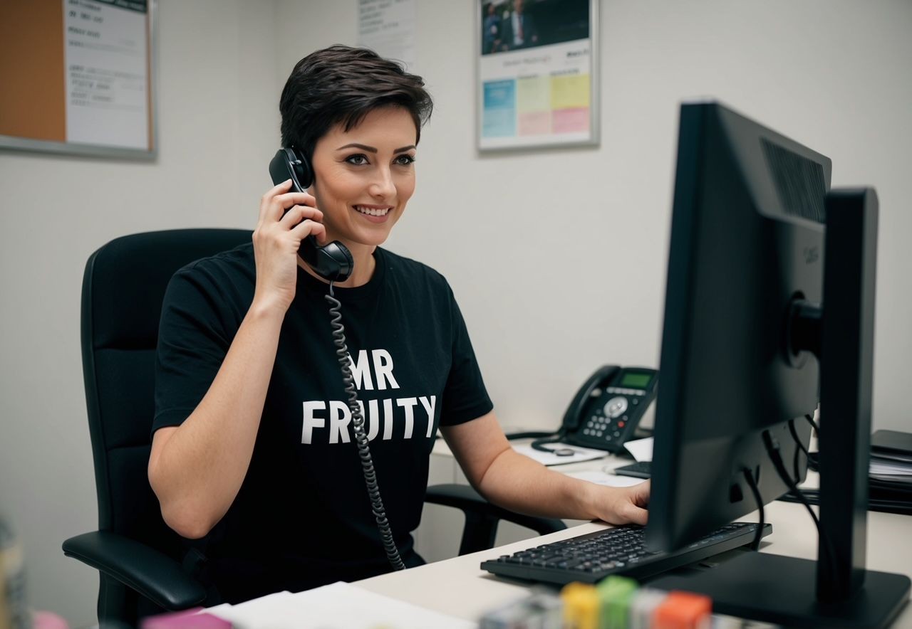 Image of mr fruity receptionist on the phone in front of a computer